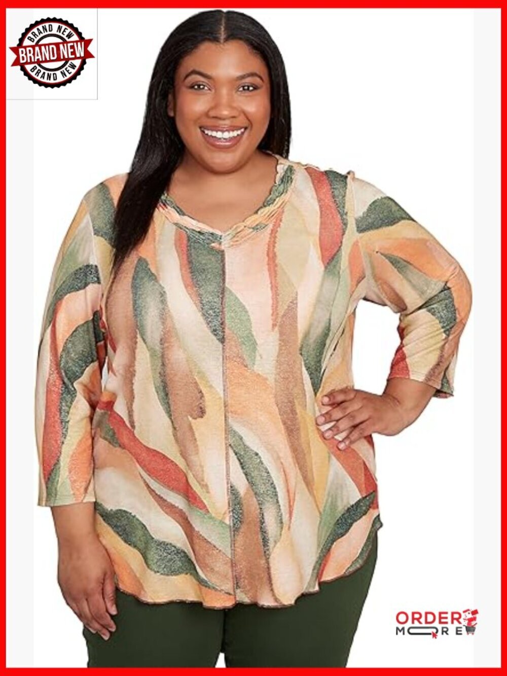 Stained Glass V-Neck Top with Shimmer, 3/4 Sleeve, Pullover